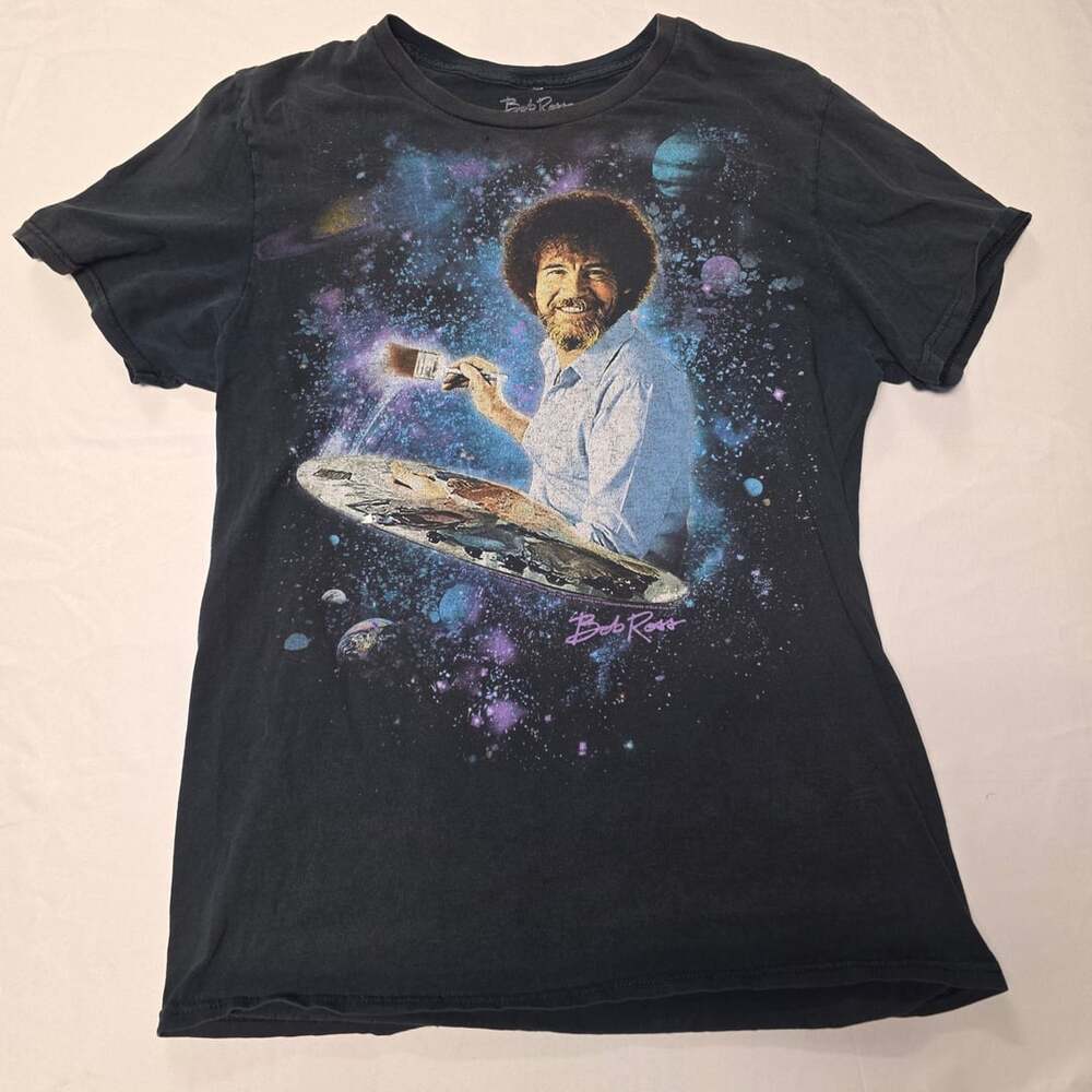 Bob Ross Galaxy Space Painting Graphic T-Shirt Black Medium